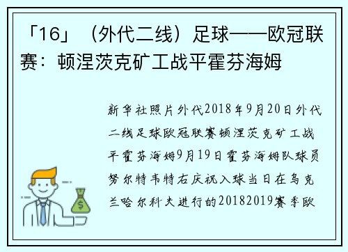 「16」（外代二线）足球——欧冠联赛：顿涅茨克矿工战平霍芬海姆
