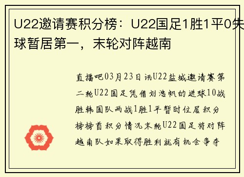 U22邀请赛积分榜：U22国足1胜1平0失球暂居第一，末轮对阵越南