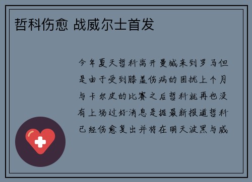 哲科伤愈 战威尔士首发